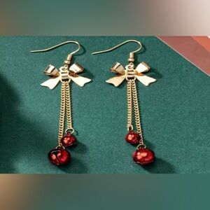 Earrings Christmas Red Jingle Bells Gold Bows Dangle Earrings for Pierced Ears